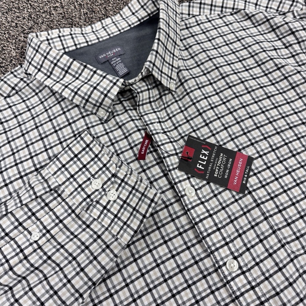 Mens 4XL Dress‎ Shirt-Van Heusen Flex Easy Care Plaid Soft Touch Brown Black NWT